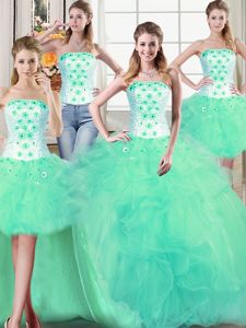 Four Piece Turquoise Ball Gowns Beading and Appliques and Ruffles 15th Birthday Dress Lace Up Tulle Sleeveless Floor Length