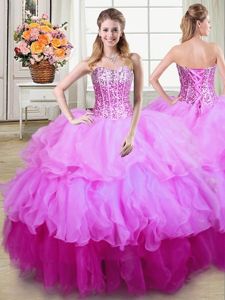 Decent Multi-color Organza Lace Up Sweetheart Sleeveless Floor Length 15th Birthday Dress Ruffles and Sequins