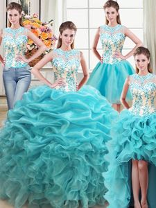 Sophisticated Four Piece Aqua Blue Ball Gowns Scoop Sleeveless Organza Floor Length Lace Up Beading and Ruffles Sweet 16 Dress