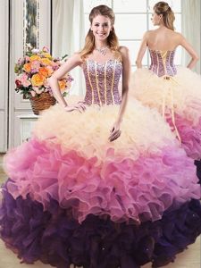 Classical Floor Length Lace Up 15 Quinceanera Dress Multi-color and In for Military Ball and Sweet 16 and Quinceanera with Beading and Ruffles