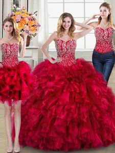 Three Piece Red Sleeveless Brush Train Beading and Ruffles Quinceanera Dress