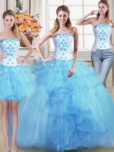 Delicate Three Piece Strapless Sleeveless Lace Up Quinceanera Dress Light Blue Tulle