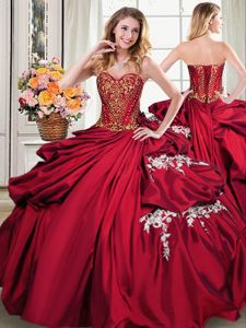 Wine Red Taffeta Lace Up Sweetheart Sleeveless Floor Length Quinceanera Gowns Beading and Appliques and Pick Ups