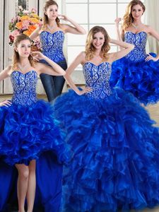 Four Piece Sweetheart Sleeveless Brush Train Lace Up Ball Gown Prom Dress Royal Blue Organza