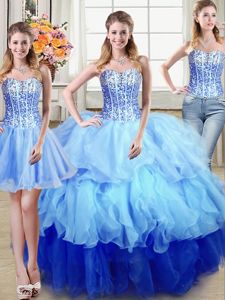 Pretty Three Piece Multi-color 15 Quinceanera Dress Military Ball and Sweet 16 and Quinceanera and For with Ruffles and Sequins Sweetheart Sleeveless Lace Up