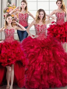 Edgy Four Piece Red Sweetheart Neckline Beading and Ruffles Quinceanera Dress Sleeveless Lace Up