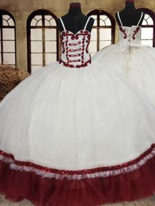 Customized Straps Straps White And Red Sleeveless Beading Floor Length Quinceanera Gowns