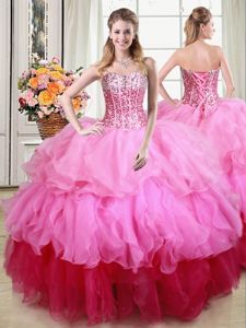 Delicate Sleeveless Organza Floor Length Lace Up Quinceanera Dress in Multi-color for with Ruffles and Sequins