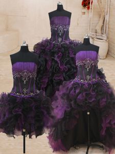 High End Four Piece Sleeveless Organza Floor Length Lace Up Quinceanera Dresses in Black and Purple for with Beading and Ruffles