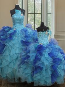 Admirable Blue Strapless Neckline Beading and Ruffles Quinceanera Dresses Sleeveless Lace Up