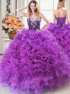 Most Popular Eggplant Purple Ball Gowns Beading and Ruffles 15 Quinceanera Dress Lace Up Organza Sleeveless Floor Length