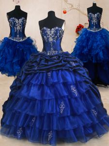 Four Piece Sleeveless Brush Train Lace Up With Train Beading and Ruffled Layers and Pick Ups Quinceanera Gown