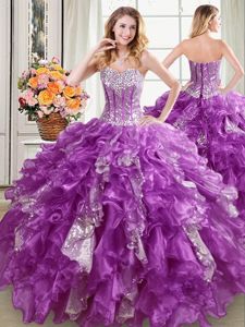 Purple Sleeveless Beading and Ruffles and Sequins Floor Length 15th Birthday Dress