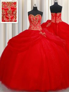 Pretty Red Ball Gowns Tulle Sweetheart Sleeveless Beading and Pick Ups Floor Length Lace Up Quince Ball Gowns