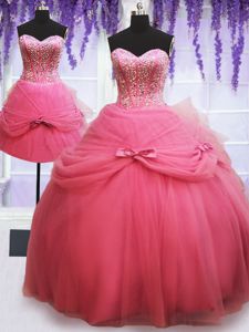 Custom Fit Three Piece Rose Pink Lace Up Vestidos de Quinceanera Beading and Bowknot Sleeveless Floor Length