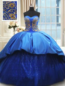 Sweetheart Sleeveless Satin Sweet 16 Quinceanera Dress Beading and Embroidery Court Train Lace Up