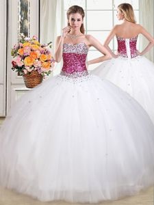 Lovely White Ball Gowns Tulle Sweetheart Sleeveless Beading Floor Length Lace Up Quinceanera Dress