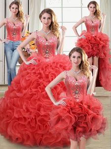Comfortable Four Piece Straps Straps Beading and Ruffles Quinceanera Dress Coral Red Zipper Sleeveless Floor Length