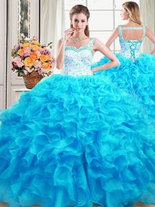 Hot Selling Three Piece White and Blue Ball Gowns Organza Sweetheart Sleeveless Beading and Ruffles Floor Length Lace Up Quince Ball Gowns