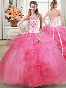 Superior Hot Pink Sleeveless Tulle Lace Up 15th Birthday Dress for Military Ball and Sweet 16 and Quinceanera