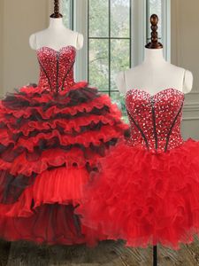 Comfortable Three Piece Black and Red Sweetheart Lace Up Beading and Ruffled Layers Sweet 16 Dresses Sleeveless