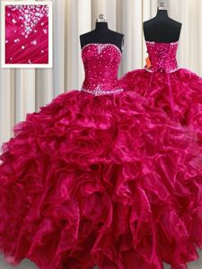 Sumptuous Fuchsia Quince Ball Gowns Military Ball and Sweet 16 and Quinceanera and For with Beading and Ruffles Strapless Sleeveless Lace Up