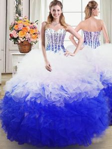Best Selling Floor Length Blue And White Vestidos de Quinceanera Organza Sleeveless Beading and Ruffles
