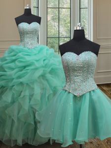Three Piece Scoop Sleeveless Organza Floor Length Lace Up Quinceanera Gown in Aqua Blue for with Beading and Ruffles