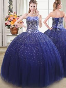 Royal Blue Sleeveless Beading Floor Length Quinceanera Gown