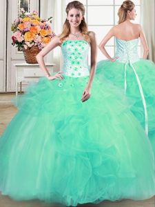 Turquoise Strapless Lace Up Beading and Appliques and Ruffles 15 Quinceanera Dress Sleeveless