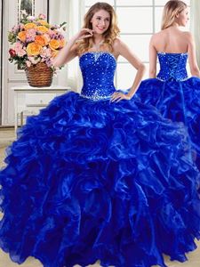 Discount Royal Blue Ball Gowns Strapless Sleeveless Organza Floor Length Lace Up Beading and Ruffles Quinceanera Gown