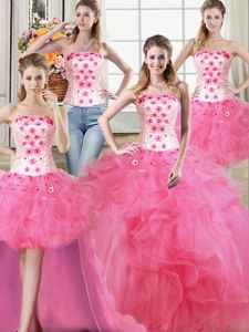 Four Piece Hot Pink Sleeveless Tulle Lace Up Sweet 16 Dress for Military Ball and Sweet 16 and Quinceanera
