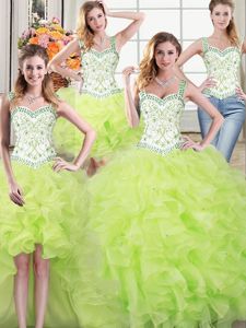 Flare Four Piece Straps Straps Floor Length Ball Gowns Sleeveless Yellow Green Vestidos de Quinceanera Lace Up