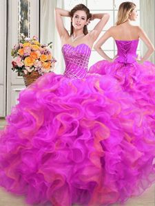 Sweet Eggplant Purple Ball Gowns Beading Sweet 16 Dress Lace Up Fabric With Rolling Flowers Sleeveless Floor Length