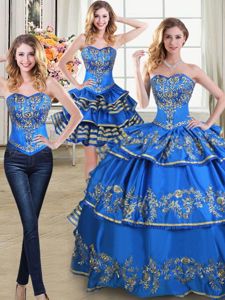 Superior Three Piece Blue Lace Up Sweetheart Beading and Embroidery and Ruffled Layers Quinceanera Gown Taffeta Sleeveless