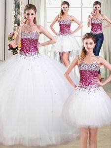 High Class Four Piece Sleeveless Lace Up Floor Length Beading Quinceanera Dress