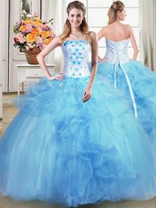 Simple Floor Length Light Blue Quince Ball Gowns Strapless Sleeveless Lace Up