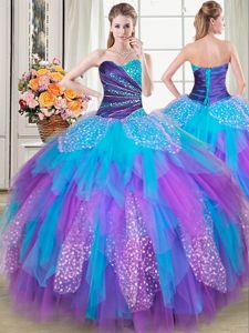 Vintage Multi-color Ball Gowns Beading and Ruffles Sweet 16 Quinceanera Dress Lace Up Tulle Sleeveless Floor Length
