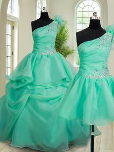 On Sale Three Piece Turquoise Organza Lace Up One Shoulder Sleeveless Floor Length Sweet 16 Dresses Beading and Hand Made Flower