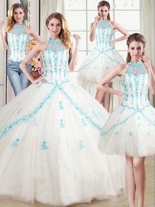 Four Piece White 15 Quinceanera Dress Military Ball and Sweet 16 and Quinceanera and For with Beading and Appliques Halter Top Sleeveless Lace Up