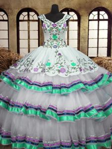 Adorable Straps Straps Organza and Taffeta Sleeveless Floor Length 15th Birthday Dress and Embroidery and Ruffled Layers