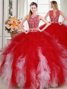 White and Red Scoop Neckline Beading and Ruffles Sweet 16 Dresses Sleeveless Zipper