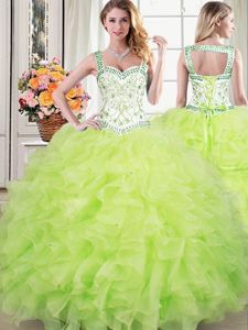 Customized Yellow Green Organza Lace Up Straps Sleeveless Floor Length Quince Ball Gowns Beading and Lace and Ruffles