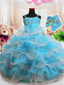 Sweet Straps Straps Floor Length Baby Blue Pageant Dresses Organza Sleeveless Beading and Appliques and Ruffled Layers