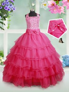 Most Popular Halter Top Sleeveless Beading and Ruffled Layers and Bowknot Zipper Little Girls Pageant Dress