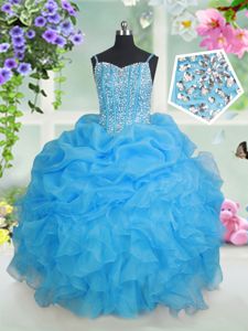 Floor Length Baby Blue Pageant Dress for Girls Organza Sleeveless Beading and Ruffles and Pick Ups