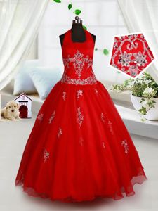 Halter Top Floor Length Ball Gowns Sleeveless Red Glitz Pageant Dress Lace Up