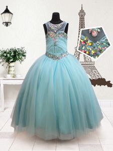 Ball Gowns Little Girls Pageant Dress Wholesale Aqua Blue Scoop Tulle Sleeveless Floor Length Zipper