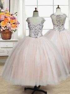 Cheap Tulle Straps Cap Sleeves Zipper Beading Winning Pageant Gowns in Pink