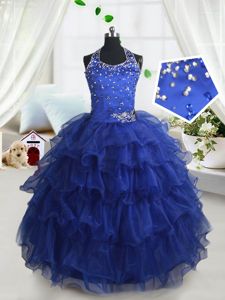 Halter Top Royal Blue Ball Gowns Beading and Ruffled Layers Kids Pageant Dress Lace Up Organza Sleeveless Floor Length